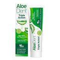 A box and tube of AloeDent Triple Action Aloe Vera Gel Toothpaste.
