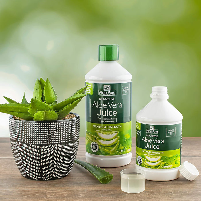 Aloe Pura Aloe Vera Juice 1 litre and 500ml bottles with aloe vera plant