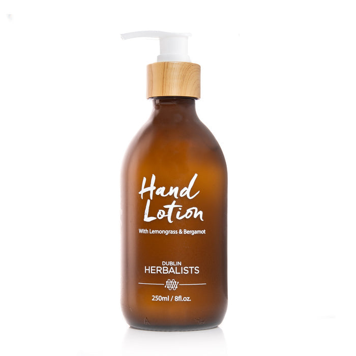 Dublin Herbalists Hand Lotion with Lemongrass & Bergamot in brown pump bottle