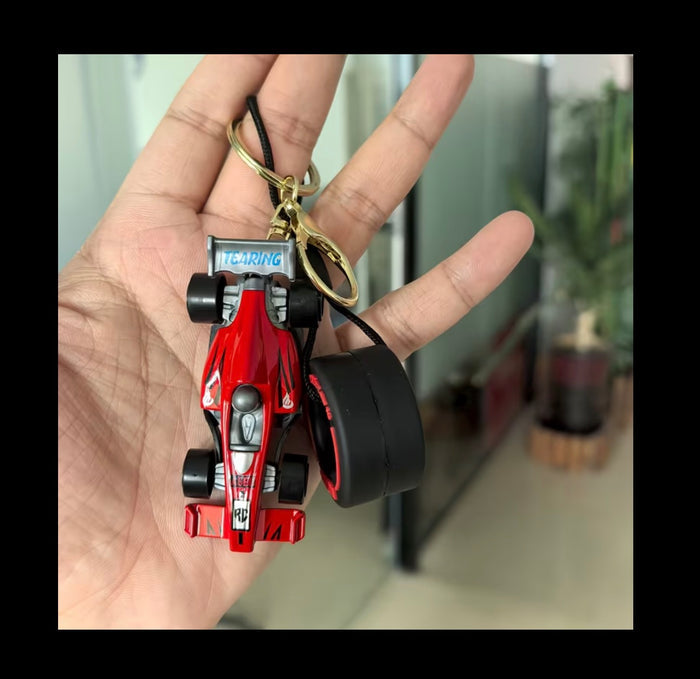 Formula-1 Racing Car & Tire Keychain Featuring a Combination of Two Car Elements