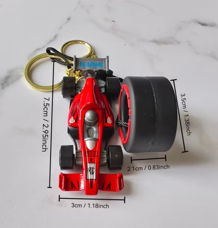Formula-1 Racing Car & Tire Keychain Featuring a Combination of Two Car Elements