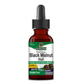 A bottle of Nature's Answer Black Walnut Hulls dietary supplement with a dropper. The label is green and white with an image of black walnut hulls.