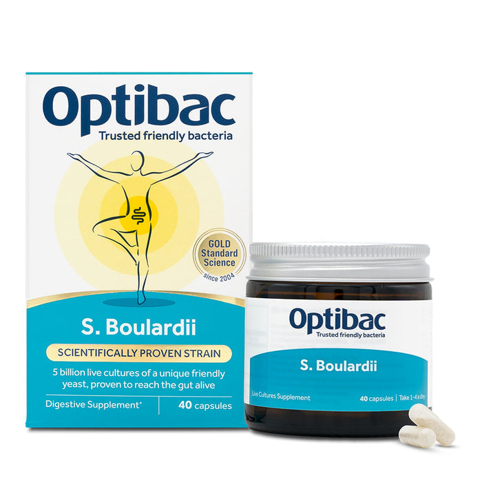 Optibac S. Boulardii digestive supplement packaging shown on a white background, including the retail box, a jar with a white cap, and several white capsules in front.