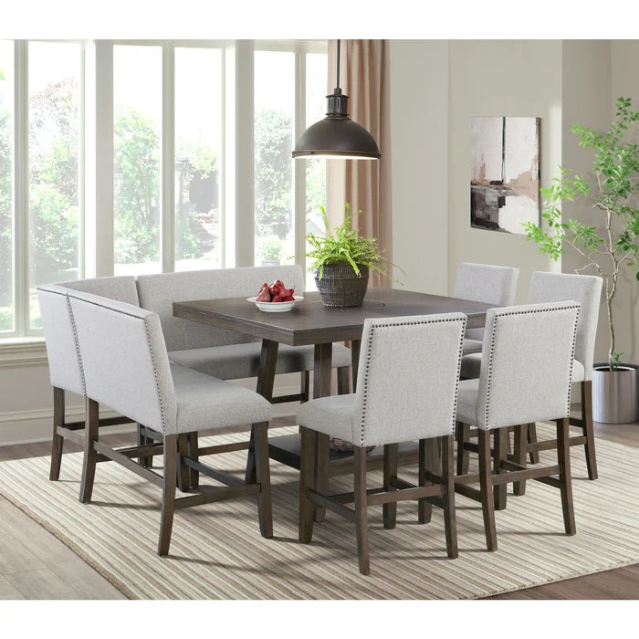 Seneca Counter Corner Bench with Upholstered Back and Grey Fabric