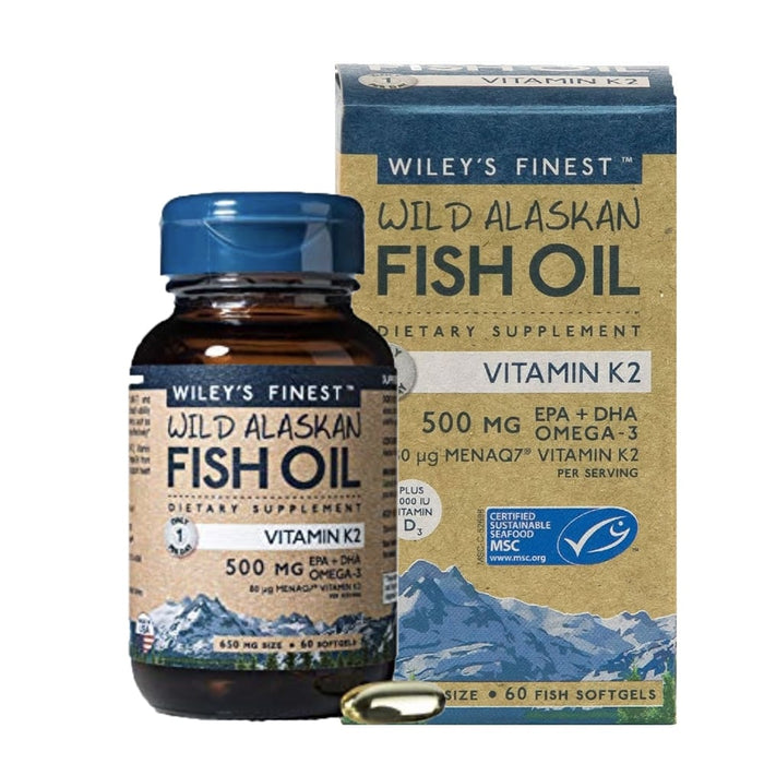 bottle of Wiley's Finest Wild Alaskan Fish Oil Vitamin K2
